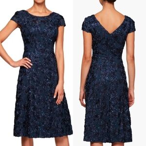 Alex Evenings Sequin Rosette Navy Blue Cocktail Dress Size 8